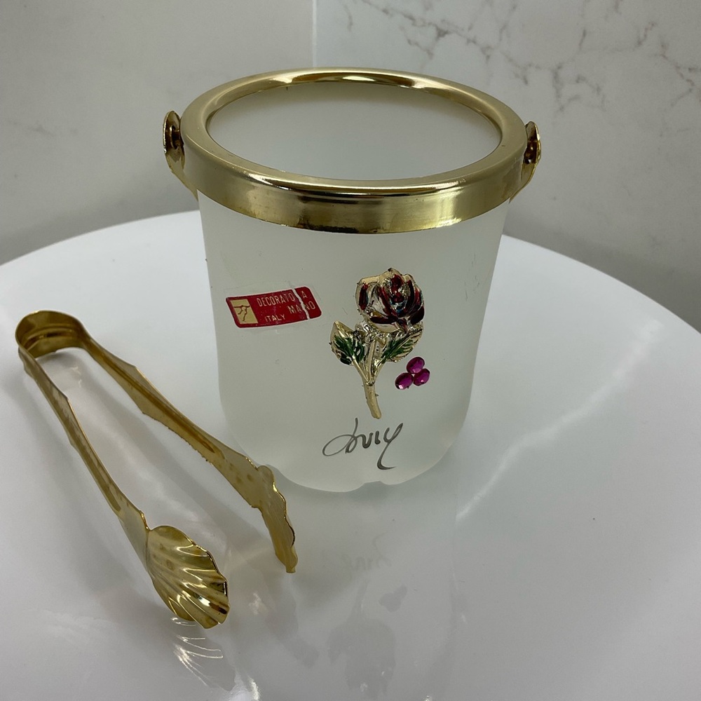 Vintage 1960’s frosted glass personal ice bucket with tongs